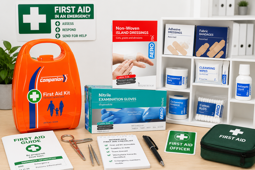 Office first aid supplies arranged in a bright workplace safety setup with first aid kit, dressings, gloves and emergency checklist.