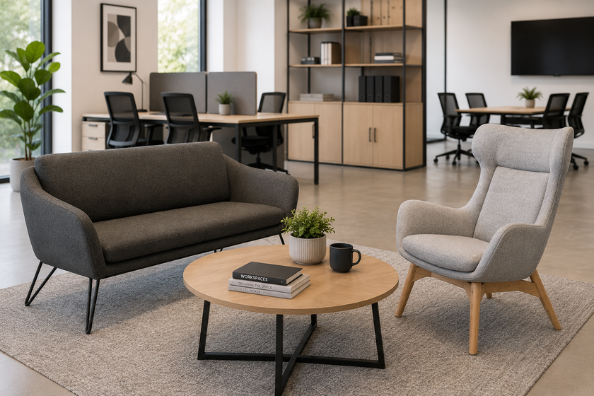 Modern office furniture in a bright workspace with lounge seating, ergonomic chairs, desks, storage and plants for a comfortable office setup.