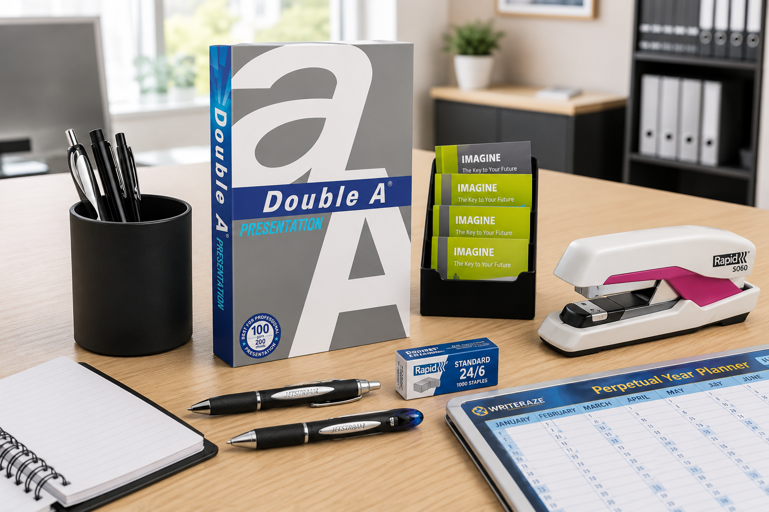 Organised office supplies on a modern workspace with presentation paper, stapler, tape dispenser, pen cup, business card holder and writing tools.