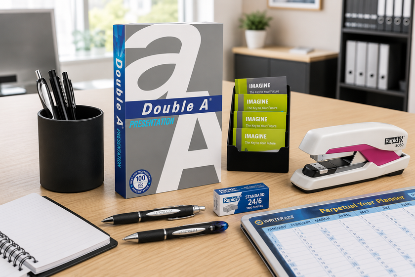 Organised office supplies on a modern workspace with presentation paper, stapler, tape dispenser, pen cup, business card holder and writing tools.