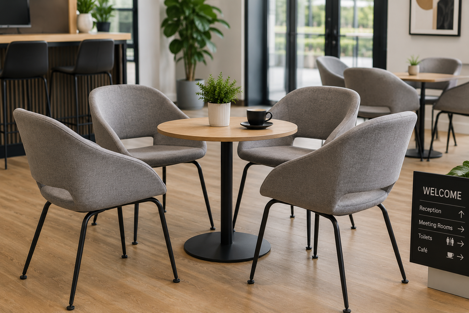 Grey hospitality chairs arranged around a cafe table in a bright modern reception and breakout seating area.