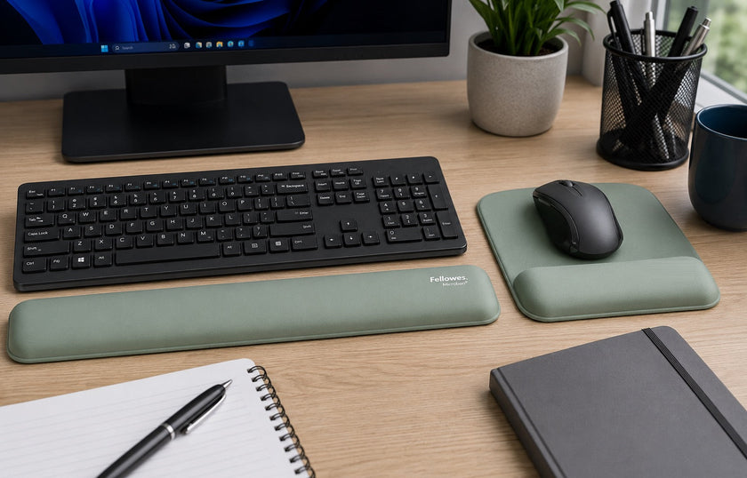 Keyboard and mouse wrist rests arranged on a clean office desk with monitor, notebook, pen and desk accessories nearby.