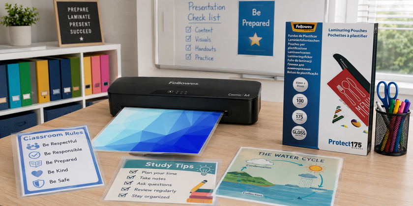 Laminator, laminating pouches and finished laminated sheets arranged in an office resource room.