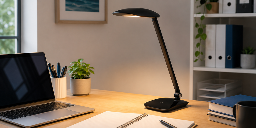 Black adjustable desk lamp on a modern workstation with a laptop, notebook and office accessories for focused task lighting.