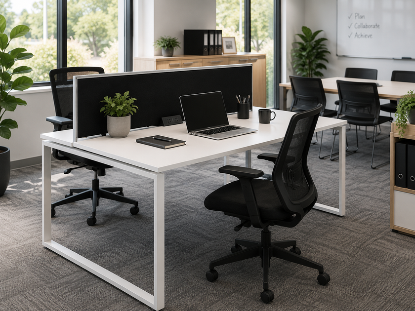 Office table with black privacy screen in a bright modern workspace with chairs, laptop and meeting area.