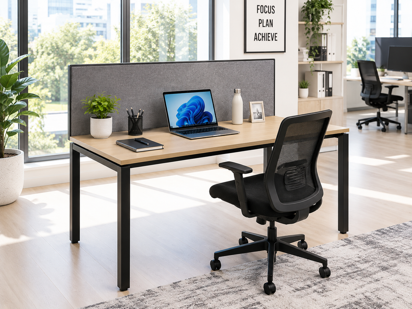Individual office workstation with privacy screen, laptop and ergonomic chair in a bright modern office setting.