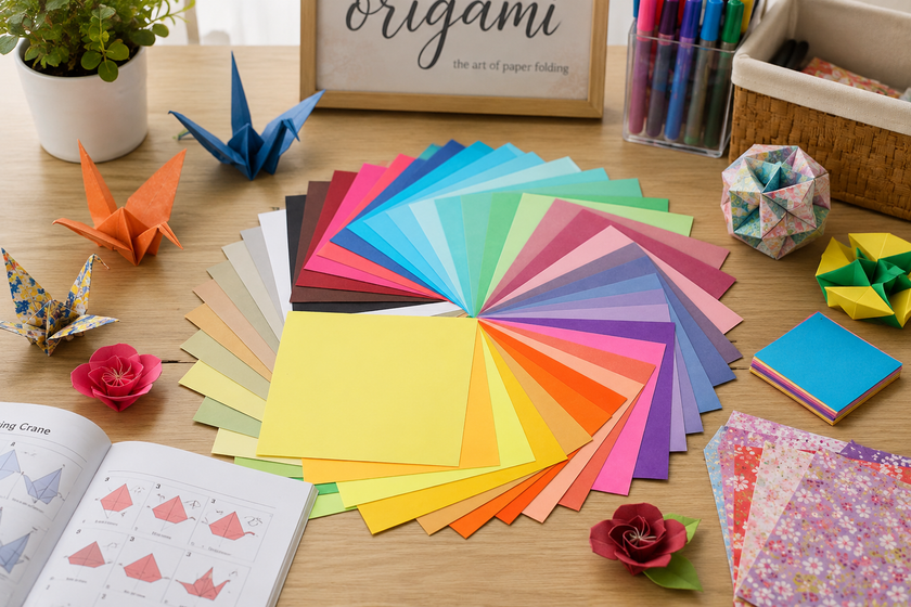 Craft origami papers arranged on a bright craft table with folded paper cranes, flowers, instructions and colourful sheets for classroom and creative paper projects.