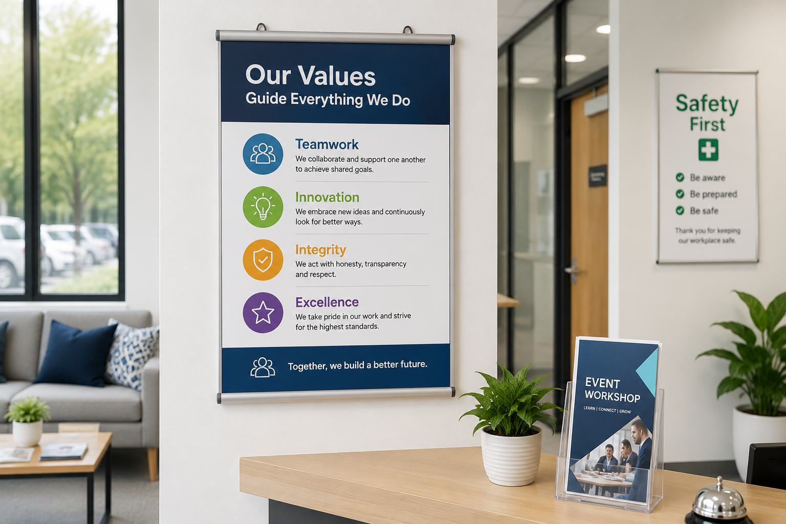 Poster frame displayed in a bright office reception area with workplace signage and presentation materials.