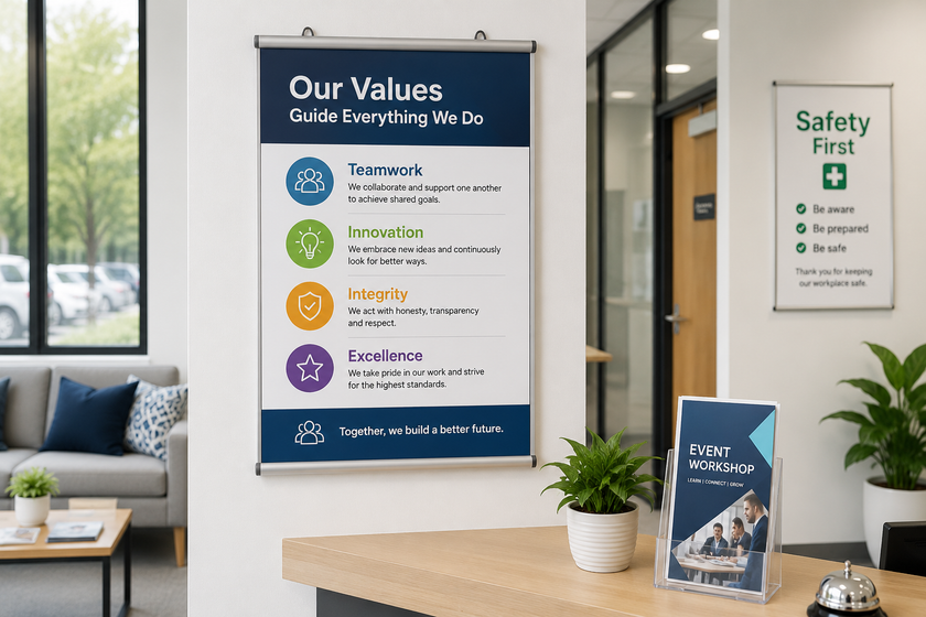 Poster frame displayed in a bright office reception area with workplace signage and presentation materials.
