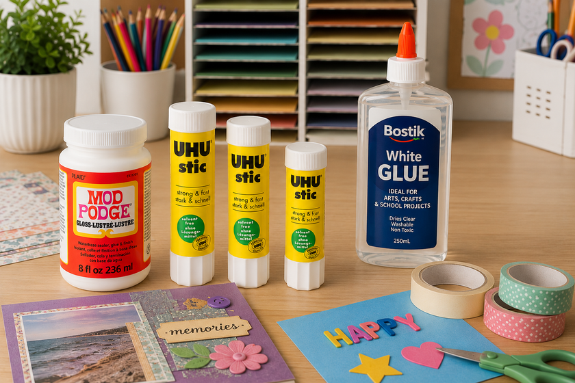 Craft adhesives arranged on a bright creative workspace with Mod Podge, UHU glue sticks, white glue, craft paper and project materials.