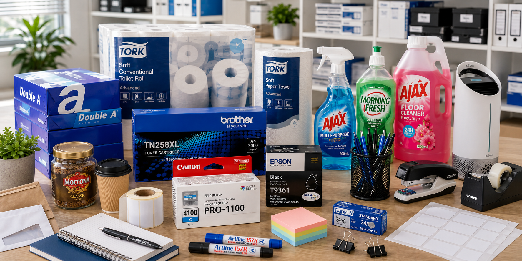 Reorder Essentials collection banner showing recognised workplace consumables including copy paper, toilet paper, paper towel, cleaning products, ink and toner, labels, coffee, pens and stationery arranged on a modern office desk.