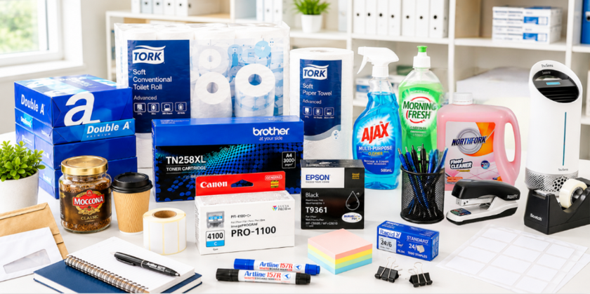 Essential workplace consumables including Tork paper products, Northfork floor cleaner, Double A copy paper and everyday office supplies arranged in a bright modern office for easy business restocking.