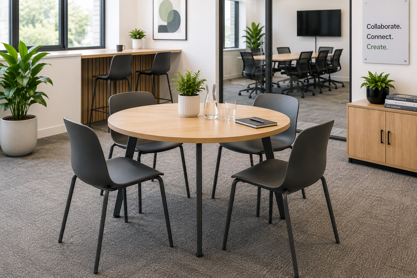 Round office table with chairs in a bright modern breakout area for meetings, collaboration and shared workspace use.