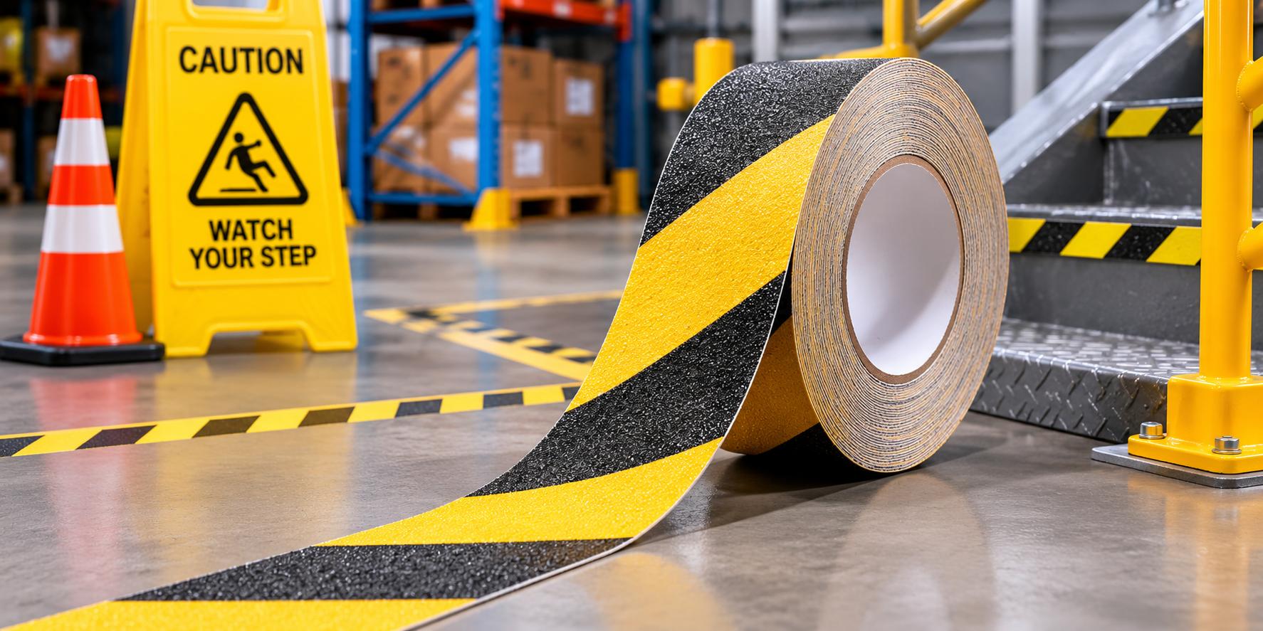 Yellow and black safety tape roll used for hazard marking on a bright warehouse floor near steps, caution signage and safety barriers.