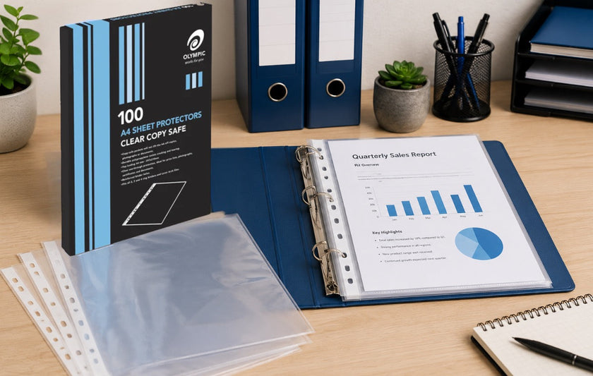 A4 sheet protectors arranged beside a blue binder with a protected sales report on a clean office desk for organised document filing.