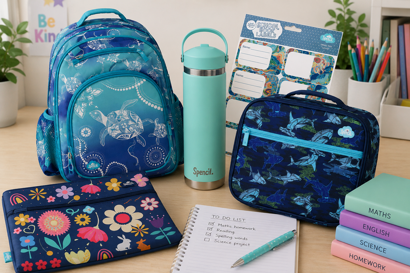 Spencil school supplies arranged on a bright study desk with backpack, lunch bag, drink bottle, book labels and classroom stationery.