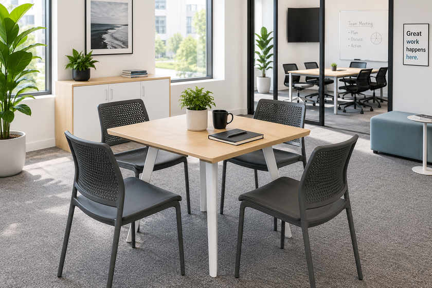 Square office table with chairs in a bright modern breakout area for compact meetings and shared work.