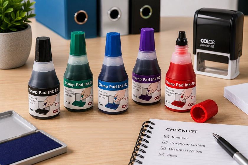 Stamp ink refill bottles arranged on a tidy office desk with stamp pad, checklist and filing supplies.