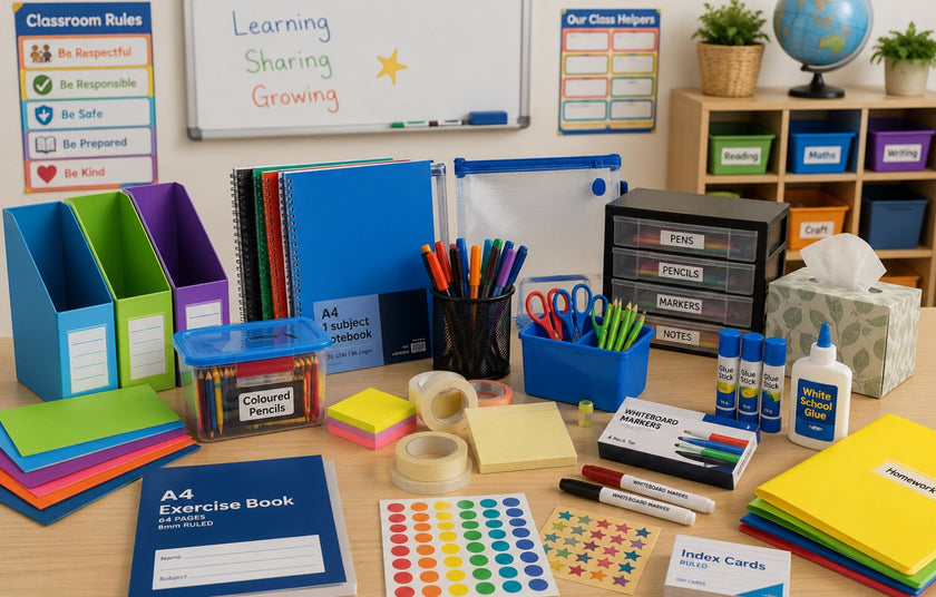 Classroom supplies arranged on a teacher desk with notebooks, folders, markers, pencils, glue, scissors, labels and storage organisers for everyday learning and classroom organisation.