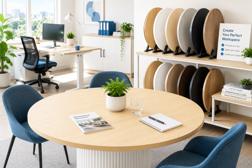 Round office table top in a bright modern showroom workspace with blue chairs, tabletop finish samples, plants and office furniture.