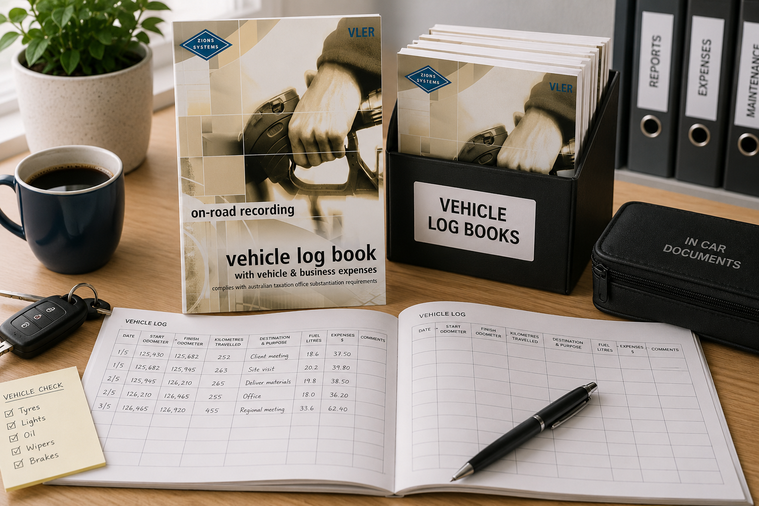 Vehicle log books arranged on a tidy fleet administration desk with trip records, car keys, vehicle checklist and document storage.