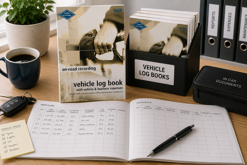 Vehicle log books arranged on a tidy fleet administration desk with trip records, car keys, vehicle checklist and document storage.