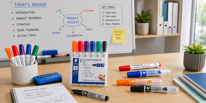 Whiteboard markers arranged on a meeting room desk with a whiteboard, eraser, planning notes and coloured marker packs for classroom and office presentations.