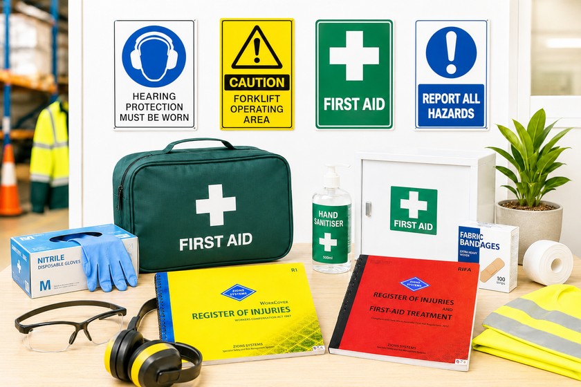 Workplace health and safety equipment including first aid kits, injury registers, safety signage, gloves, hearing protection and protective workwear.