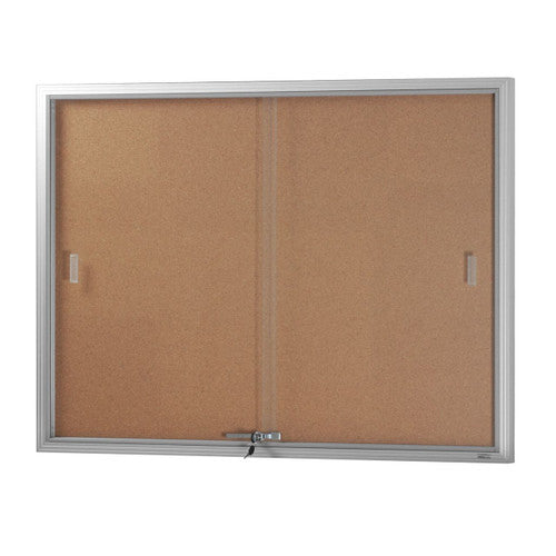 Visionchart BN-SGC-1290SC Be Noticed Sliding Door Notice Case Silver 2 Door Cork 1220 x 915mm