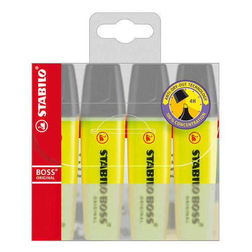 Stabilo Boss Original Chisel Tip Highlighter Wallet of 4 Yellow