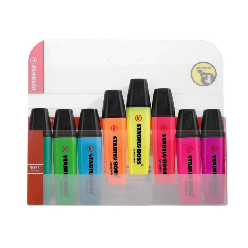 Set of colorful highlighters in a clear plastic packaging