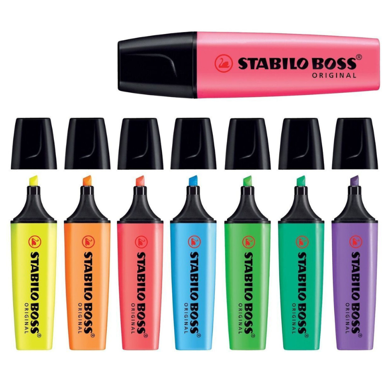 Set of Stabilo Boss highlighters in various colors on a white background