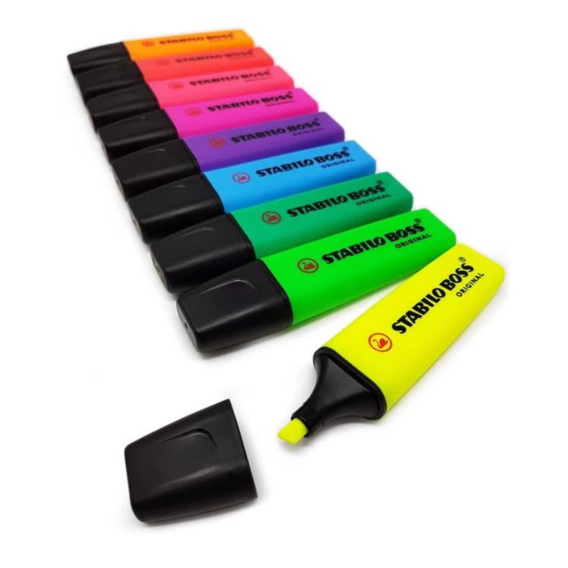 Set of colorful Stabilo Boss highlighters on a white background