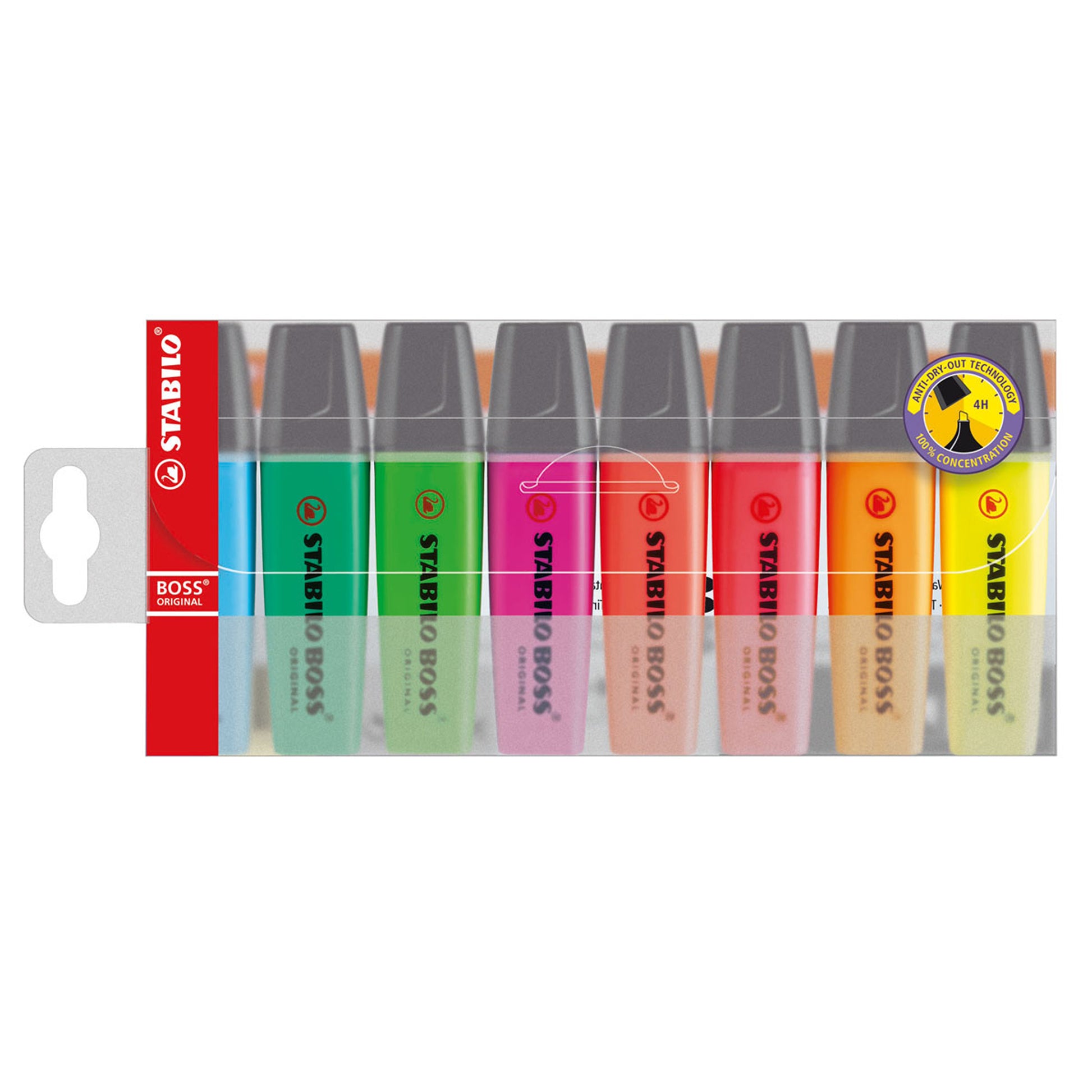 Pack of Stabilo BOSS highlighters with colorful caps on a white background