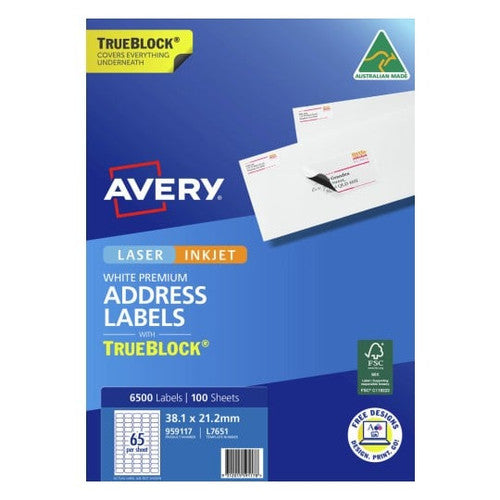 Avery Premium Address Labels with Trueblock L7651 6500 Pack 38.1 x 21.2mm Laser White 65UP 100 Sheets