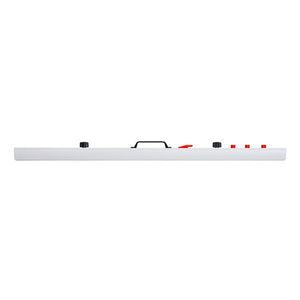 Planhorse A0 plan multiclamp, a long white aluminium clamp with a black carry handle, black wingnuts and red fittings, shown empty