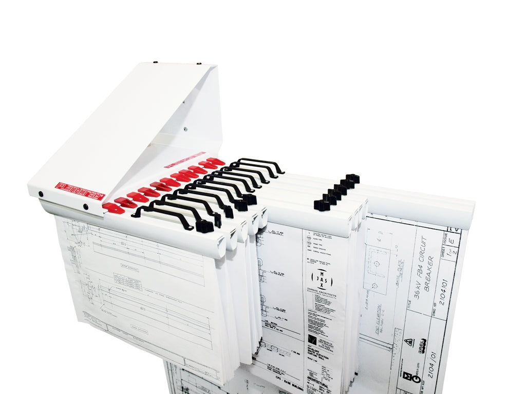 Planhorse 1000 wall rack in white with a row of clamped drawing sets hanging from its front, shown at an angle
