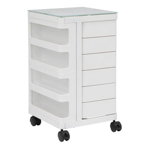 Artfusion KUBX Mobile Storage Cart in white with four open side compartments, six drawers, a glass top and black castor wheels
