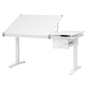 Artfusion Graphix eLift Workstation in white with the main top tilted, a side shelf with control panel and two drawers on a steel frame