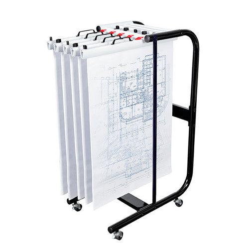 Planhorse A1 1000 mobile plan trolley in black tubular steel on castors, holding white clamps of drawings hung from the front