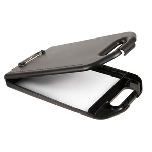 Black Marbig Professional storage clipboard 0280510 with the lid part open, showing the wire clip on top, a white sheet inside the compartment and moulded handles
