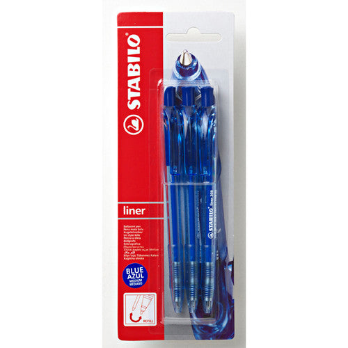 Stabilo Liner 308 Retractable Ballpoint Pen Blue Blister Card of 3