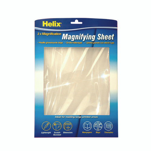Helix A4 magnifying sheet in its blue card, printed 2 x Magnification and Ideal for reading large printed areas