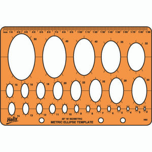Helix H82 isometric metric ellipse template in orange with numbered ellipses and a millimetre edge scale