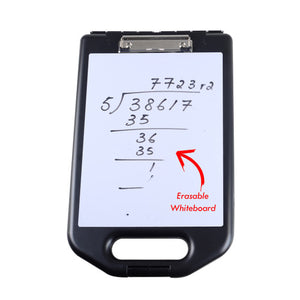Black Marbig storage clipboard 0368510 with a long division sum written on its whiteboard face and a red arrow graphic added to the photograph