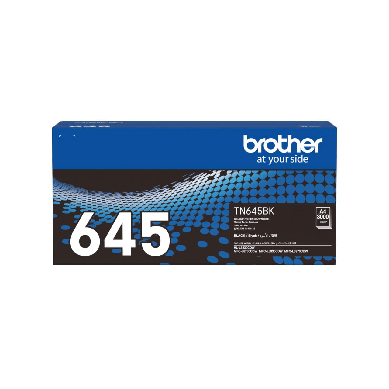 Brother TN-645BK genuine retail pack, front facing