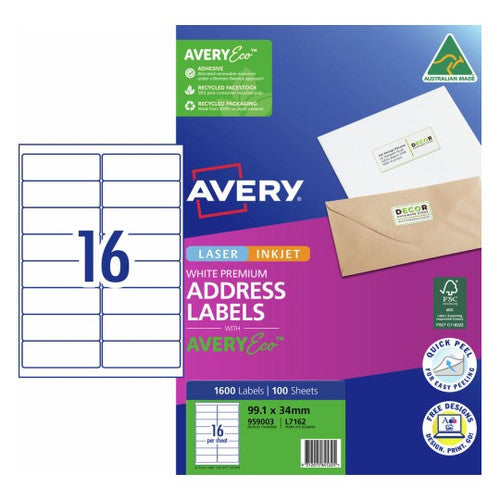 AveryEco Quick Peel Address Labels with Sure Feed L7162 1600 Pack 99.1 x 34mm Laser White 16UP