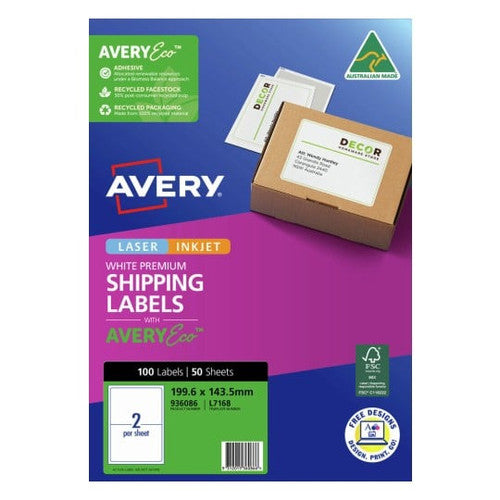 AveryEco White Address and Shipping Inkjet Labels J8168 50 Pack 199.6 x 143.5mm 2UP