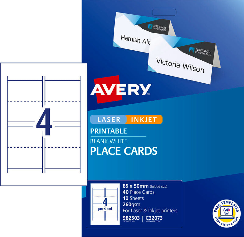 Avery Folded Place Cards C32073 40 Pack 85 x 50mm 4UP