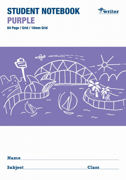 Purple student notebook with a scenic design on the cover